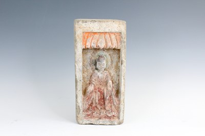 Lot 2098 - A Chinese painted Buddha tile, Northern...