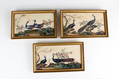 Lot 2201 - Three Chinese framed ‘birds and flowers’ rice...