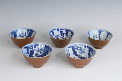 Lot 2179 - Five Chinese brown-glazed and underglaze blue...