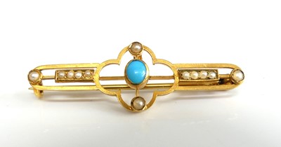 Lot 2519 - A yellow metal turquoise and pearl bar brooch,...