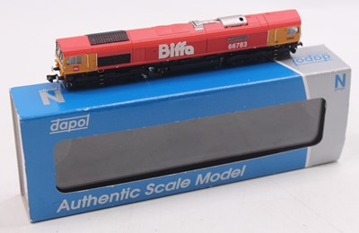 Lot 670 - Dapol N gauge class 66 in Biffa GBRF red and...