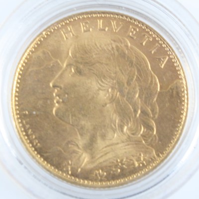 Lot 2228 - Switzerland, 1922 gold 10 francs, obv: bust of...