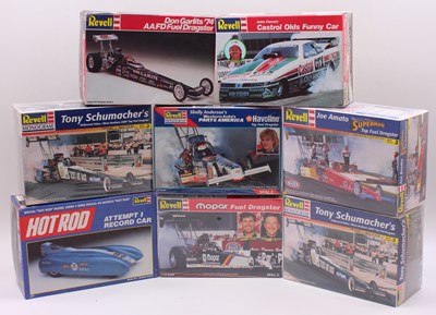 Lot 626 - Eight boxed Revell 1/25 scale plastic top Fuel...