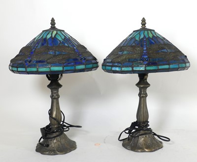 Lot 120 - A pair of Tiffany style table lamps, each...