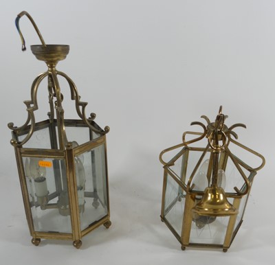 Lot 152 - A hexagonal glazed brass hall lantern, height...