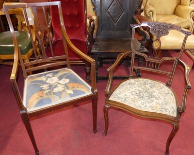 Lot 1283 - Two Edwardian mahogany and inlaid salon elbow...