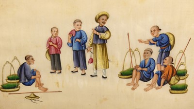 Lot 1097 - A set of three Chinese watercolours on rice...