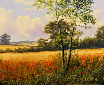 Lot 1098 - K. Curtis - Pair; Summer fields, acrylic on...