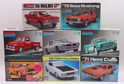Lot 686 - Eight boxed Monogram 1/24 scale plastic car...