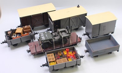 Lot 28 - Seven mainly hand-built G gauge 45mm wagons,...