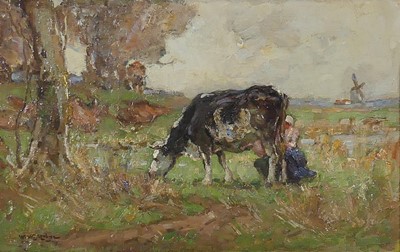 Lot 337 - William Watt Milne (1865-1949) - Milking, oil...