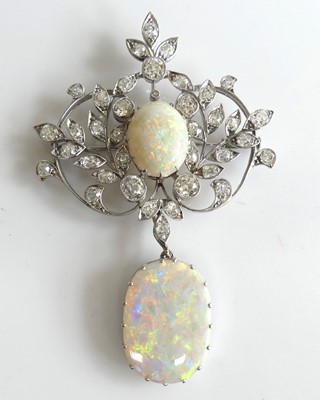 Lot 2109 - A white metal opal and diamond foliate style...