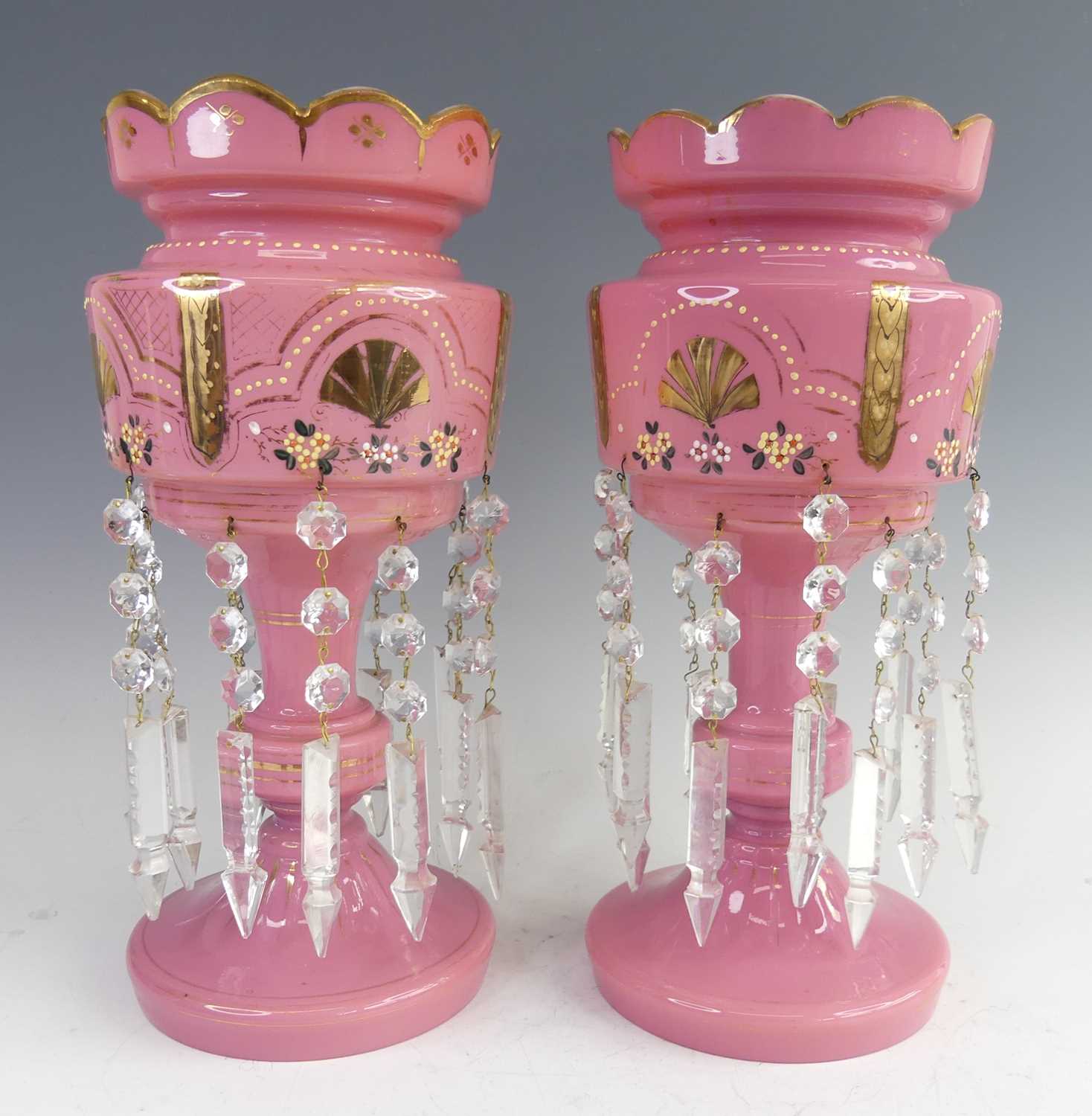 Lot 2027 - A pair of Victorian pink opaline glass table...