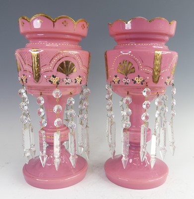 Lot 2027 - A pair of Victorian pink opaline glass table...