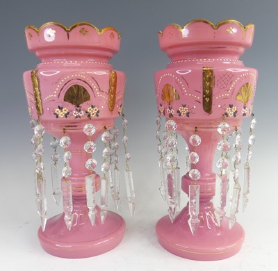 Lot 2027 - A pair of Victorian pink opaline glass table...