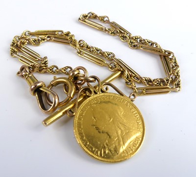 Lot 2128 - A 9ct gold fetter-link watch chain with T bar...