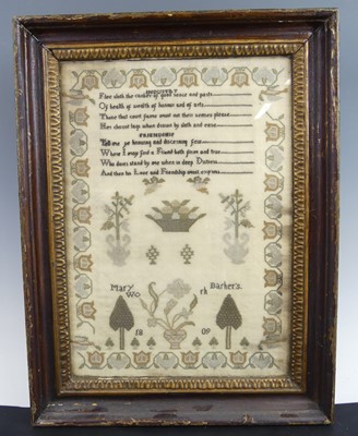 Lot 2192 - Mary Barker - a George III needlework, verse...