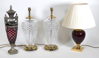 Lot 99 - A pair of brass-mounted cut glass table lamps,...