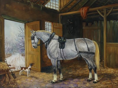 Lot 2442 - Louis Nadler - A grey heavy horse with terrier...