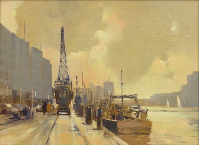 Lot 299 - Gordon Hales (1916-1997) - Docklands, oil on...