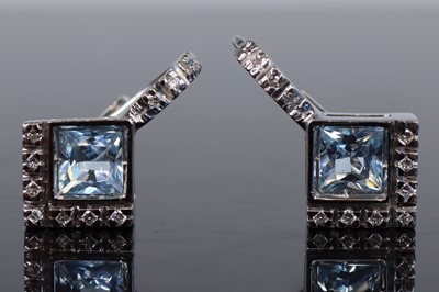 Lot 299 - A pair of white metal aquamarine and diamond...