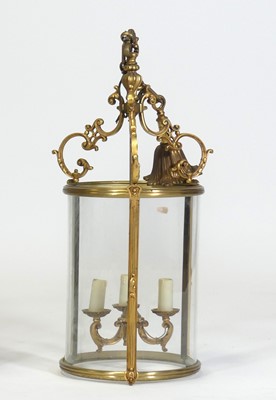 Lot 2514 - A gilt metal three-light cylindrical ceiling...