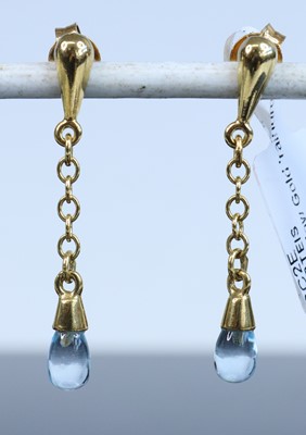 Lot 359 - A pair of new 9ct gold blue topaz ear pendants,...