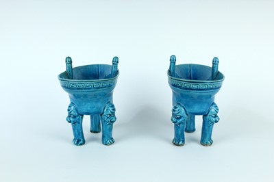 Lot 77 - A pair of Chinese turquoise-glazed ritual wine...