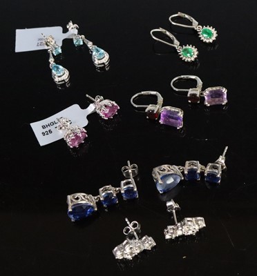 Lot 294 - Six pairs of silver and gemset earrings,...