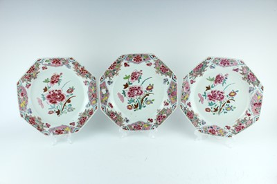 Lot 93 - Three Chinese famille rose octagonal plates,...