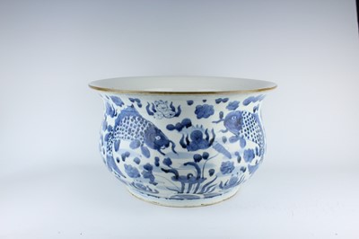 Lot 162 - A large Chinese blue and white fish bowl, 20th...