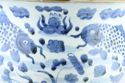 Lot 173 - A large Chinese blue and white fish bowl, 20th...
