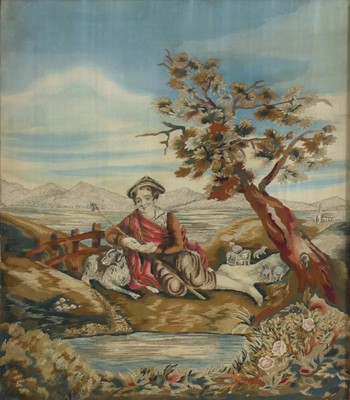 Lot 2385 - Mid 19th century embroidered silkwork panel of...