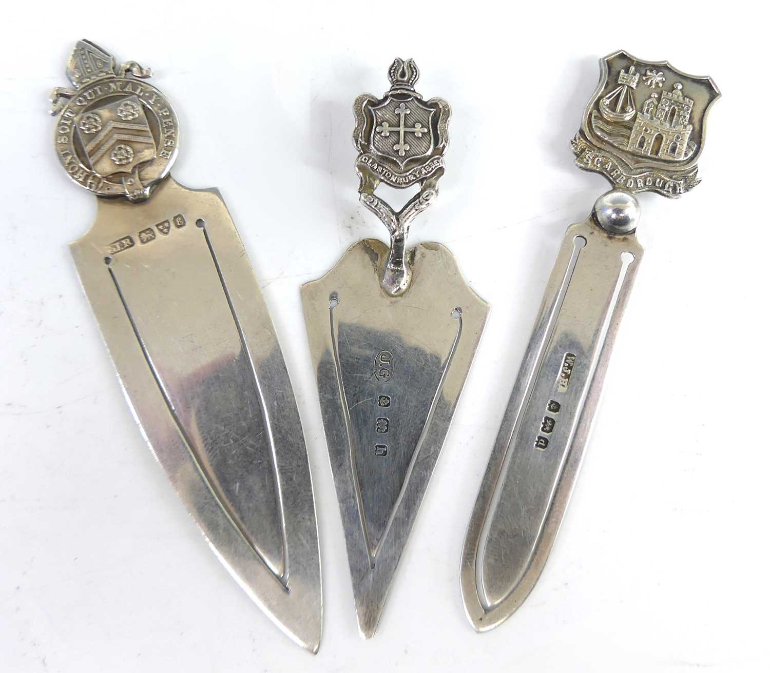 Lot 5 - Three Edwardian silver armorial clip bookmarks,...
