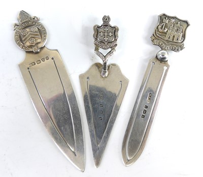 Lot 5 - Three Edwardian silver armorial clip bookmarks,...