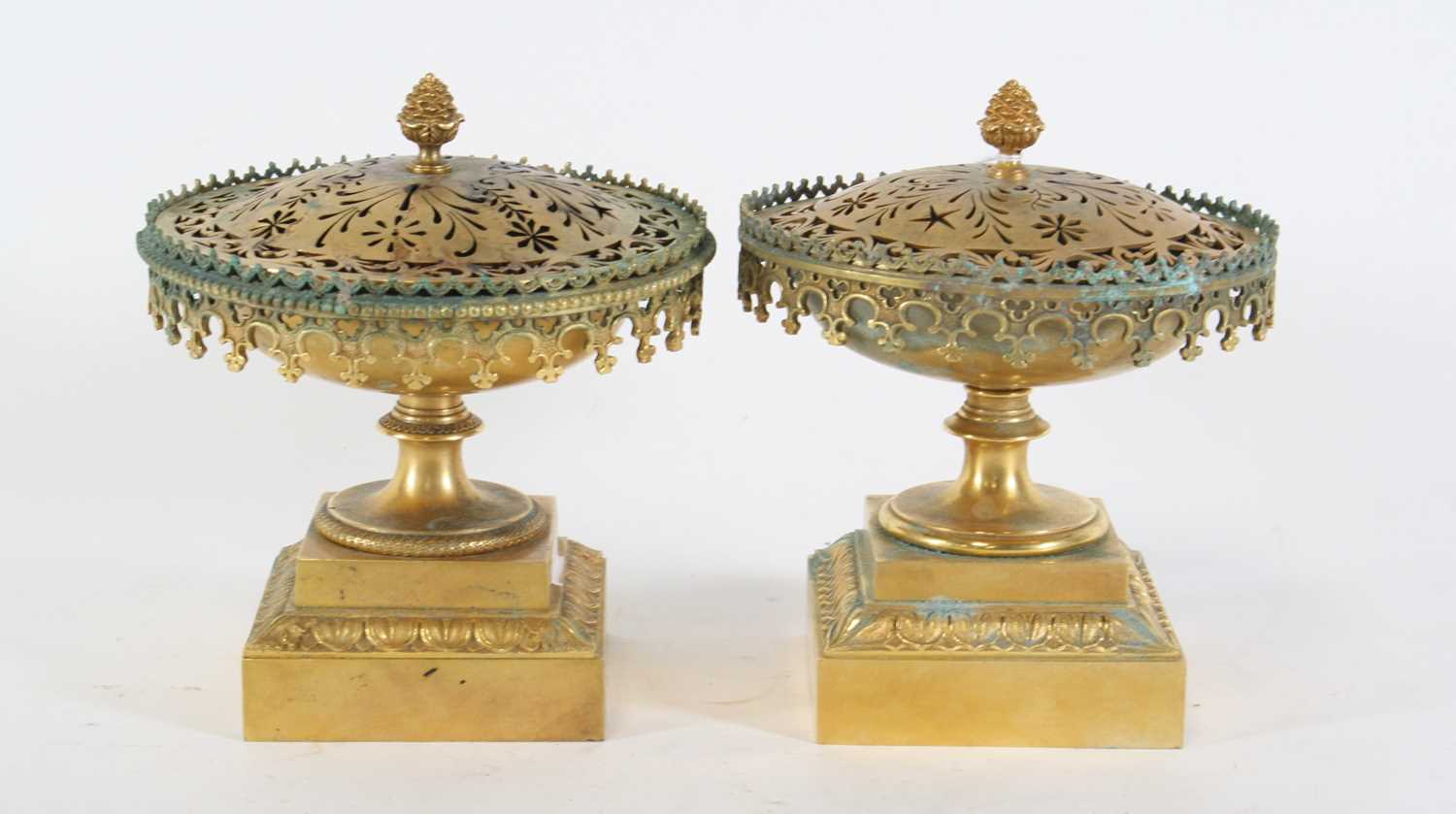 Lot 31 - A pair of gilt metal censers, each having a...