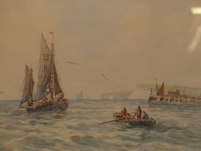 Lot 1053 - H. Drew - Boats off the coastline, watercolour,...