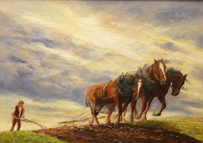 Lot 1064 - W. McGregor - Heavy horses with plough, oil on...