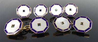 Lot 2201 - A 9ct yellow gold, mother of pearl and blue...