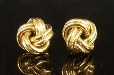 Lot 2187 - A pair of 9ct yellow gold double strand knot...