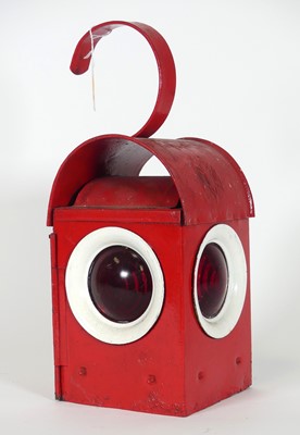 Lot 5 - A red painted Parker road safety lamp, h.36cm