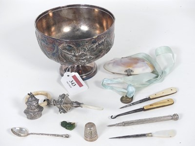 Lot 343 - A white metal pedestal bowl, relief decorated...