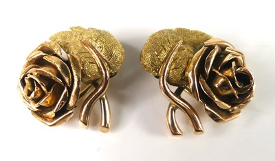 Lot 2188 - A pair of rose and yellow metal stylised rose...