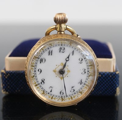 Lot 2243 - A yellow metal lady's manual wind fob watch,...