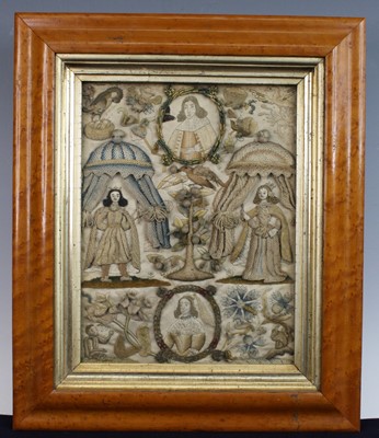 Lot 2300 - A late 17th century stumpwork embroidered...