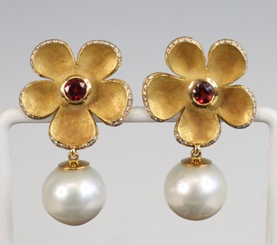 Lot 2181 - A pair of yellow metal spinel and South Sea...