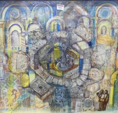 Lot 1021 - Pamela Coleman - Baptistry, mixed media, 55x58cm