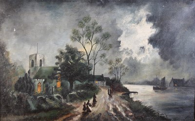 Lot 1042 - M Oldham - River landscape at moonlight, oil...