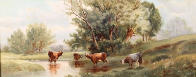 Lot 1044 - Circa 1900 English school - Cattle watering in...