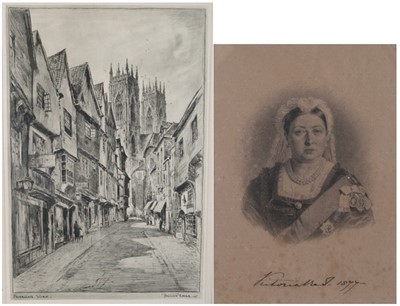 Lot 1045 - Monochrome portrait engraving of Queen...